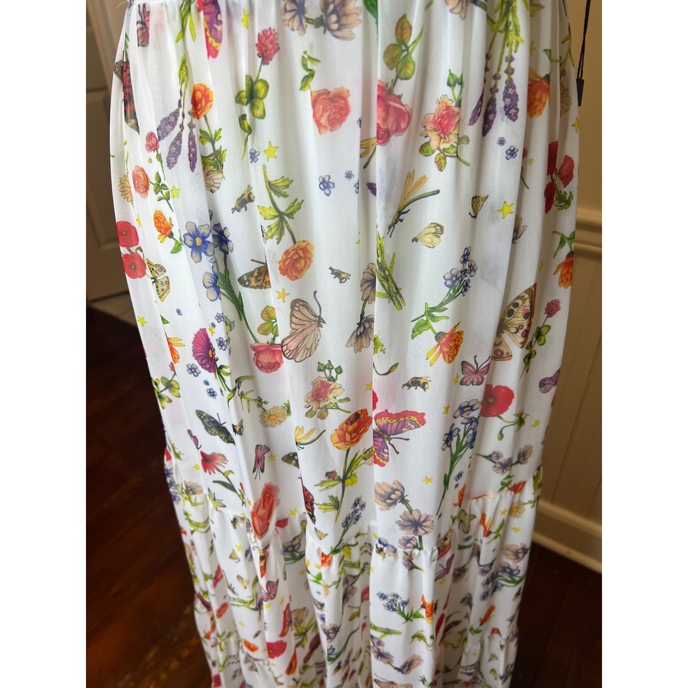 Mac Duggal Floral Butterfly Print Tiered Maxi Dress White V-Neck Tie Shoulder 4 - Picture 8 of 16